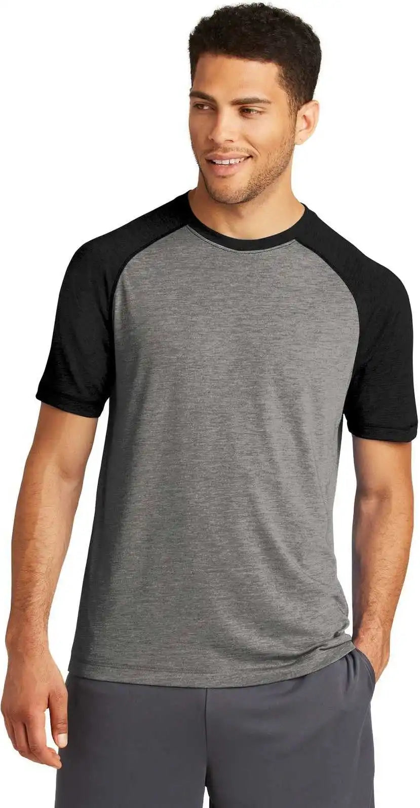 Sport-tek St400 Posicharge Tri-blend Wicking Raglan Tee - Black Triad Solid Dark Gray Heather