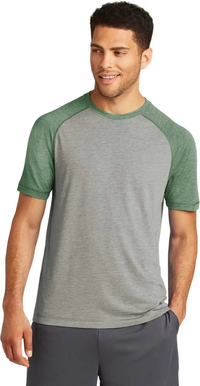 Sport-tek St400 Posicharge Tri-blend Wicking Raglan Tee - Forest Green Heather Light Gray