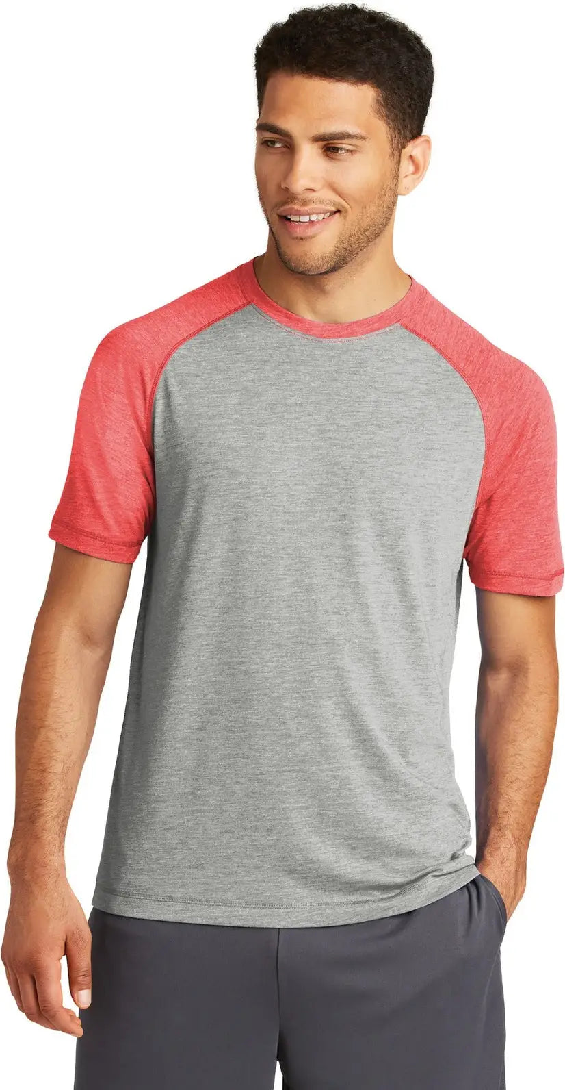 Sport-tek St400 Posicharge Tri-blend Wicking Raglan Tee - True Red Heather Light Gray - Heather/ / Adult Xs