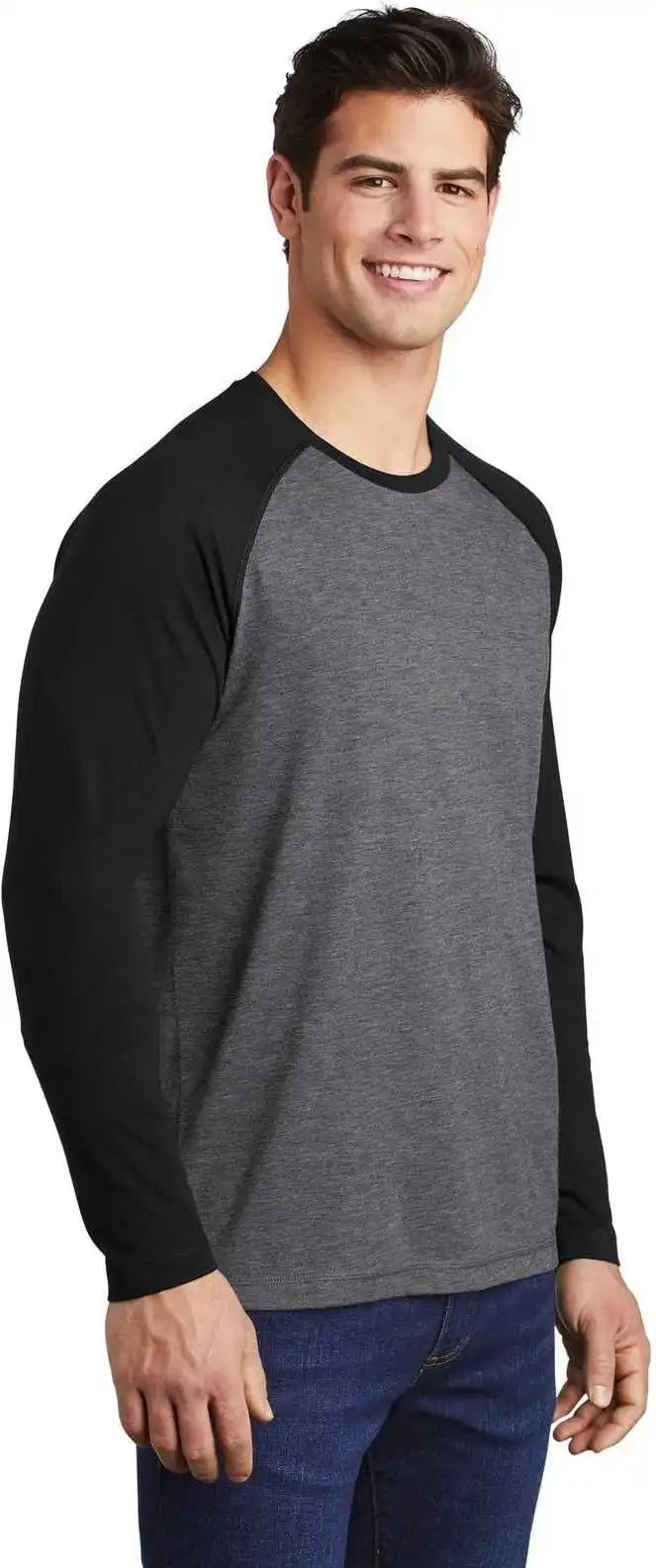Sport Tek St400ls Posicharge Long Sleeve Tri Blend Wicking Raglan Black Triad Solid Dark Gray Heather