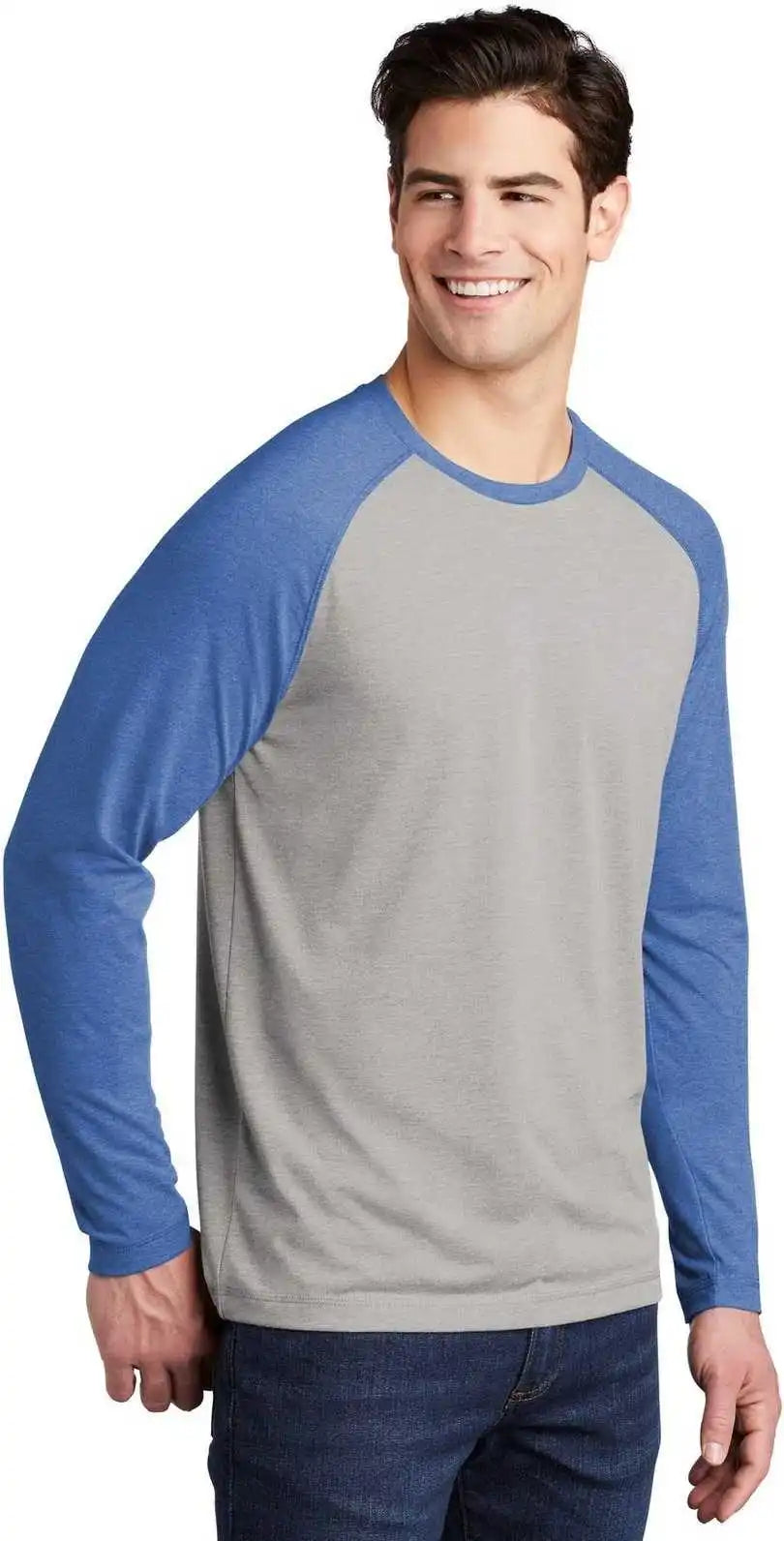 Sport-tek St400ls Posicharge Long Sleeve Tri-blend Wicking Raglan - True Royal Heather Light Gray