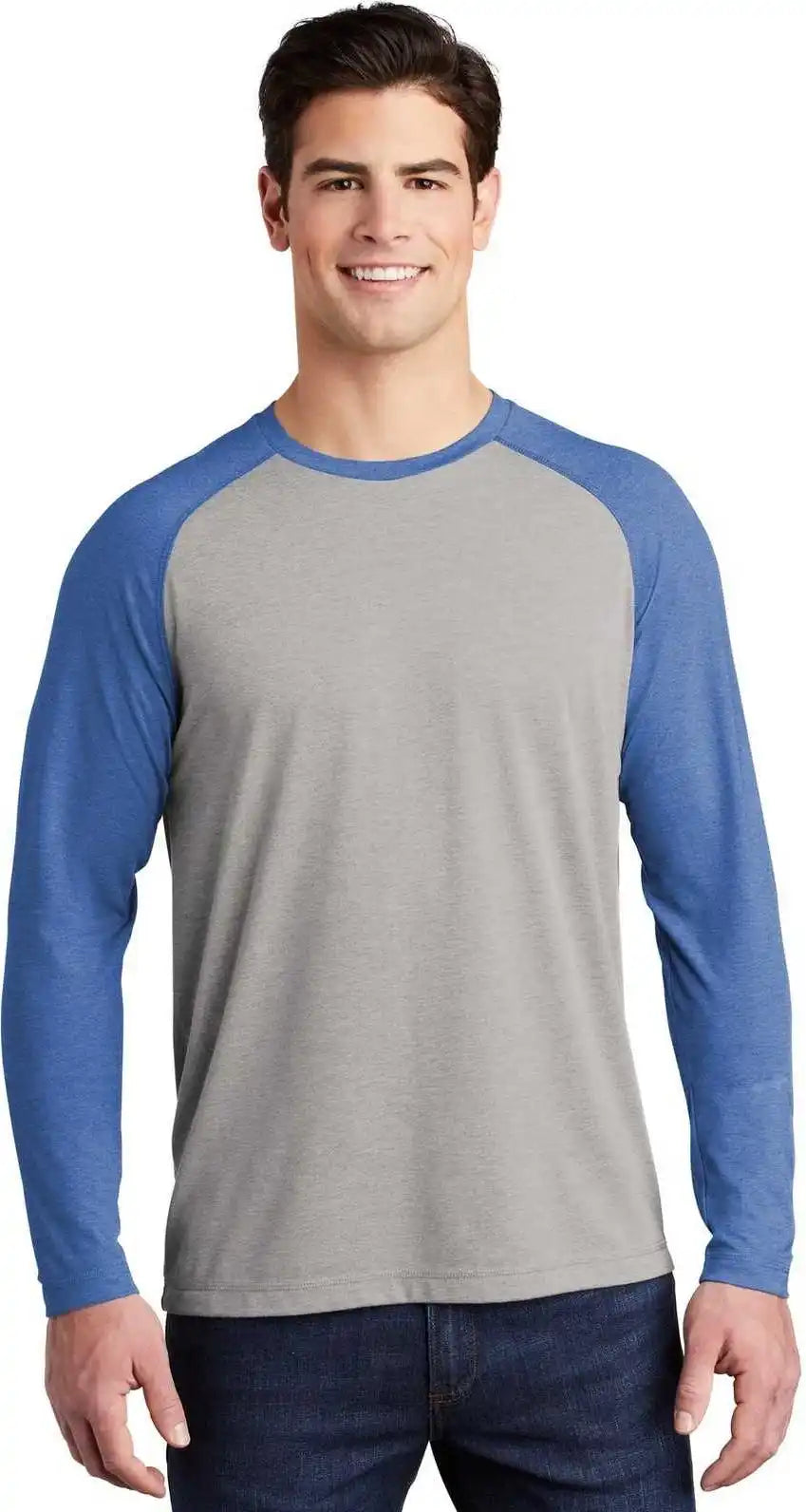 Sport-tek St400ls Posicharge Long Sleeve Tri-blend Wicking Raglan - True Royal Heather Light Gray