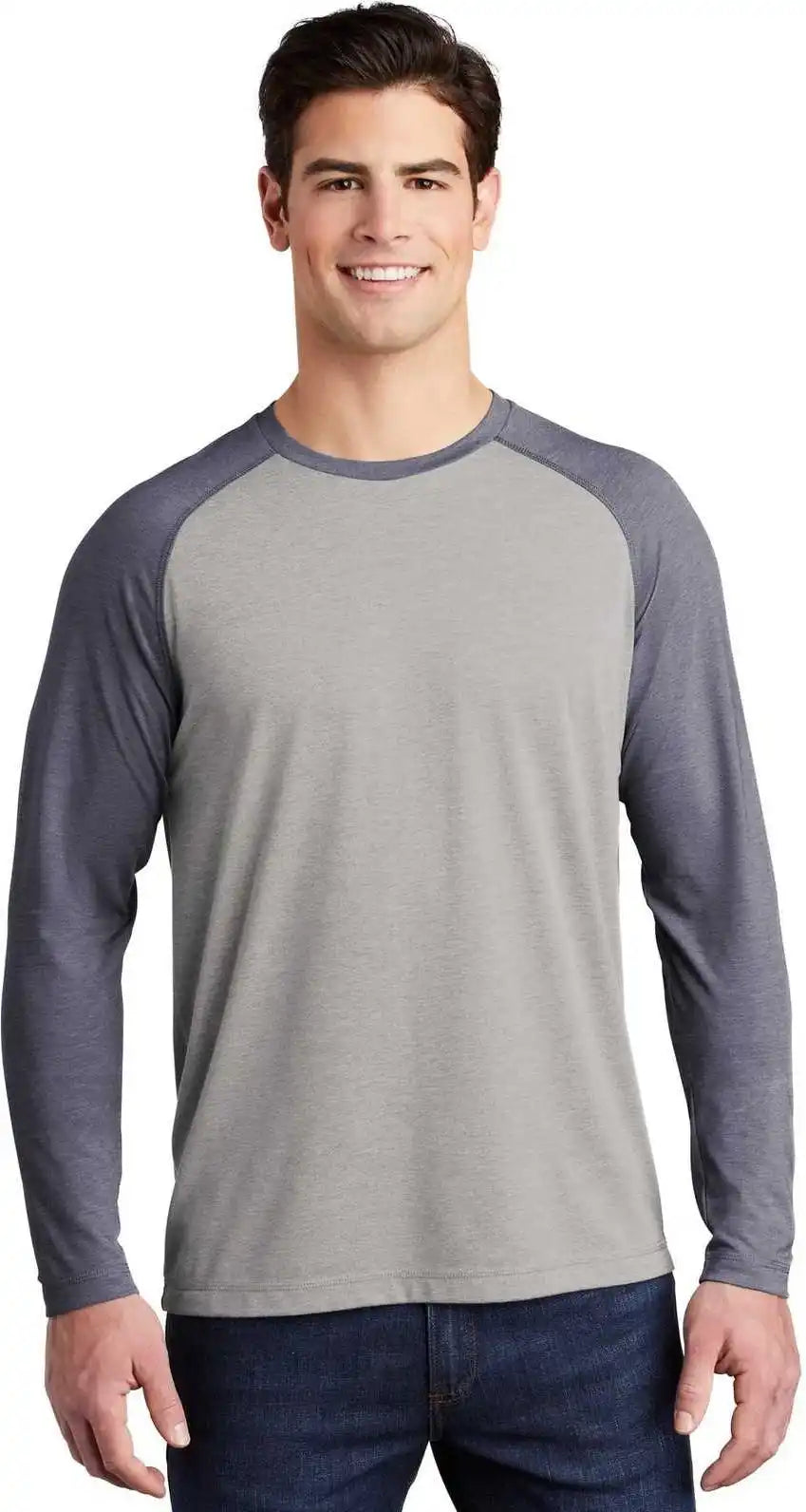 Sport-tek St400ls Posicharge Long Sleeve Tri-blend Wicking Raglan - True Navy Heather Light Gray