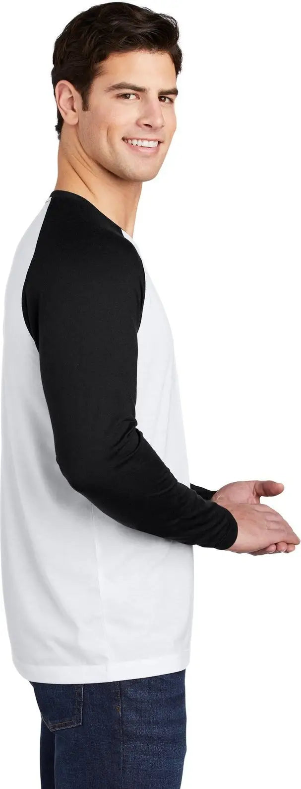 Sport-tek St400ls Posicharge Long Sleeve Tri-blend Wicking Raglan Tee - Black Triad Solid White