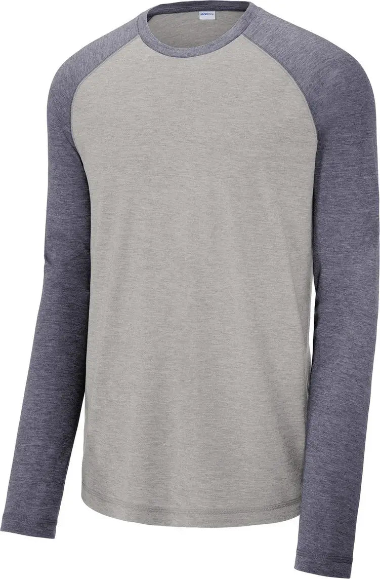 Sport-tek St400ls Posicharge Long Sleeve Tri-blend Wicking Raglan Tee - True Navy Heather Light Gray