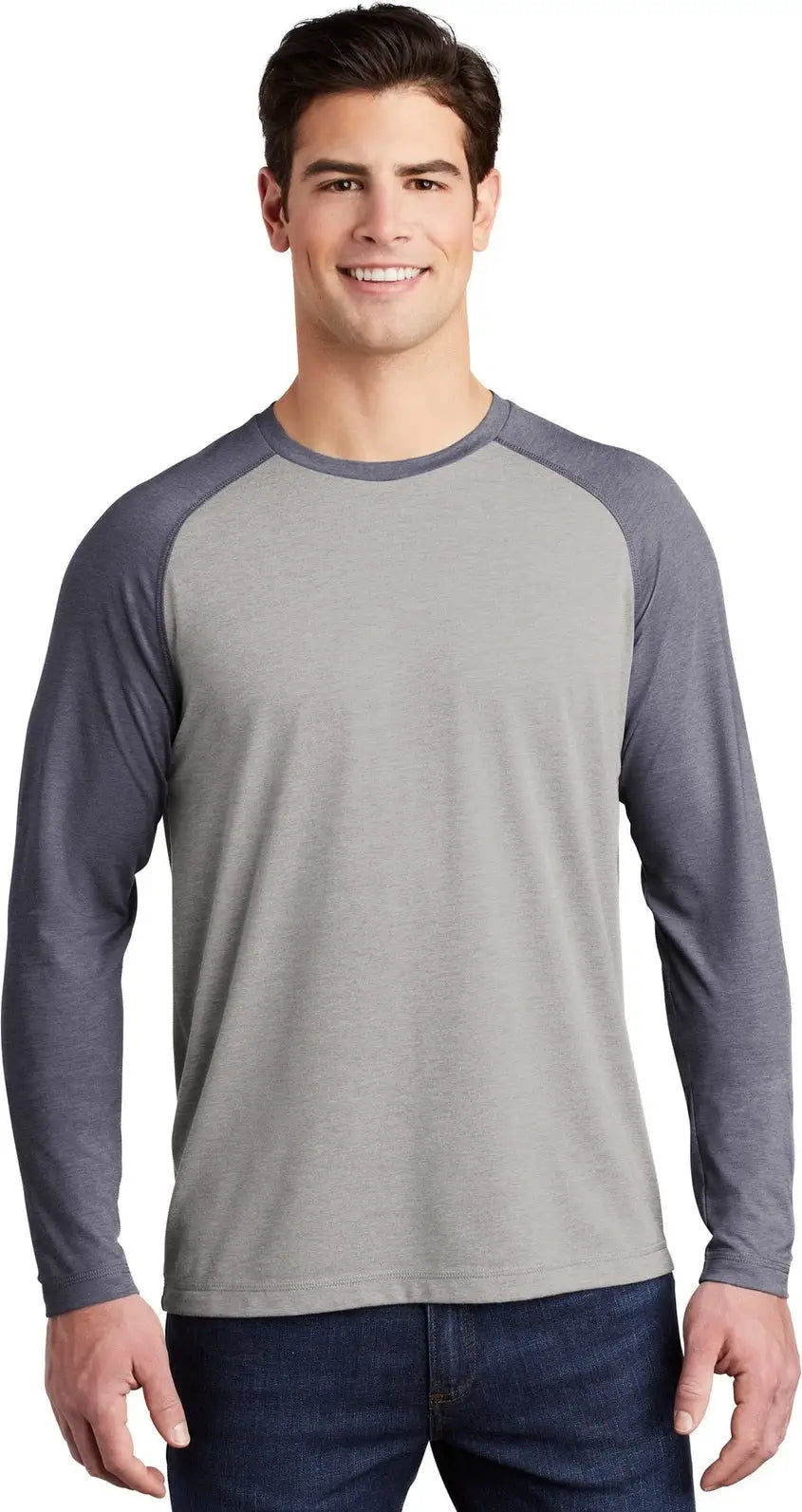 Sport-tek St400ls Posicharge Long Sleeve Tri-blend Wicking Raglan Tee - True Navy Heather Light Gray - Heather/ / Adult