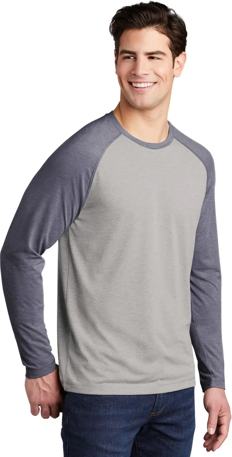 Sport-tek St400ls Posicharge Long Sleeve Tri-blend Wicking Raglan Tee - True Navy Heather Light Gray