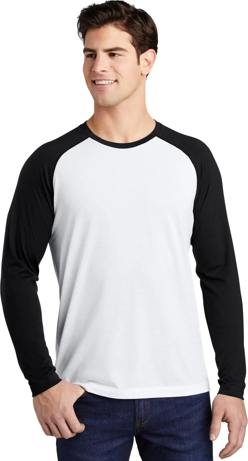 Sport-tek St400ls Posicharge Long Sleeve Tri-blend Wicking Raglan Tee - Black Triad Solid White - Solid/ / Adult Xs