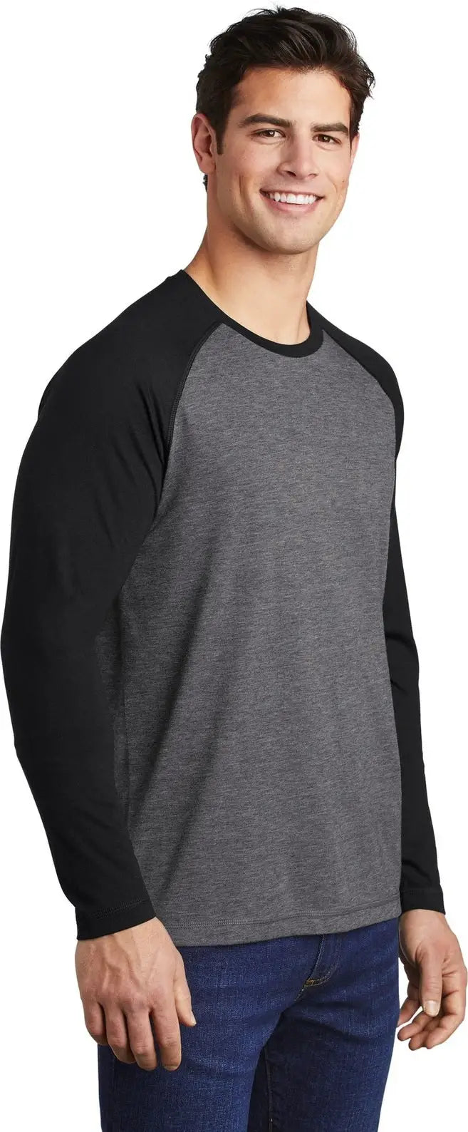 Sport-tek St400ls Posicharge Long Sleeve Tri-blend Wicking Raglan Tee - Black Triad Solid Dark Gray Heather