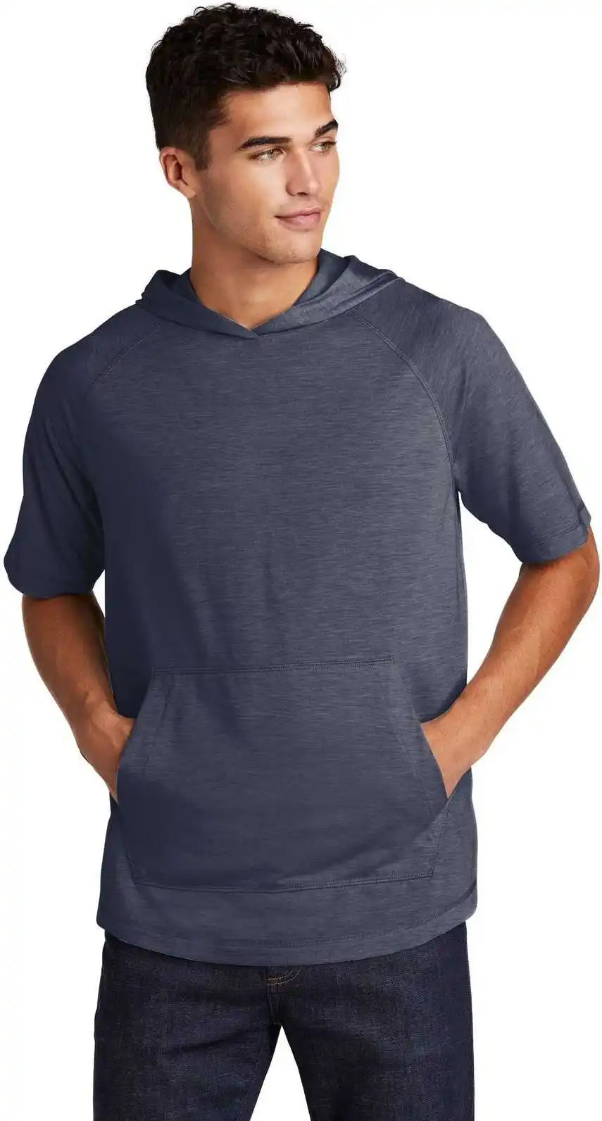 Sport-tek St404 Posicharge Tri-blend Wicking Short Sleeve Hoodie - True Navy Heather