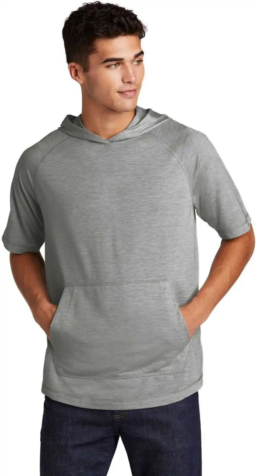 Sport Tek St404 Posicharge Tri Blend Wicking Short Sleeve Hoodie Light Gray Heather