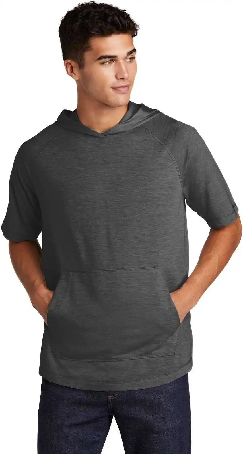 Sport-tek St404 Posicharge Tri-blend Wicking Short Sleeve Hoodie - Dark Gray Heather