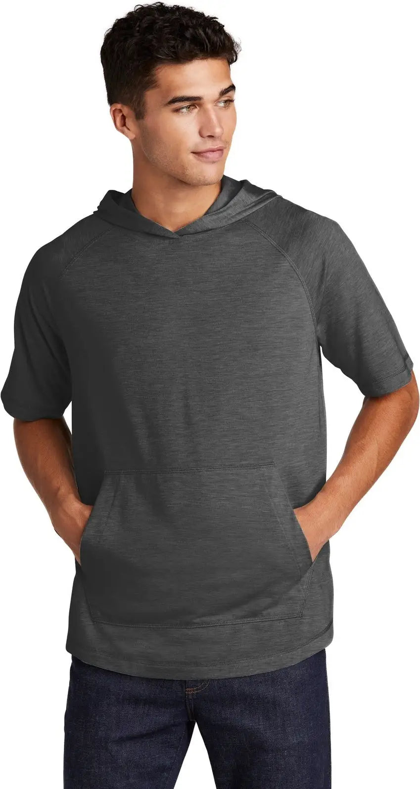 Sport-tek St404 Posicharge Tri-blend Wicking Short Sleeve Hoodie - Dark Gray Heather - Adult Xs
