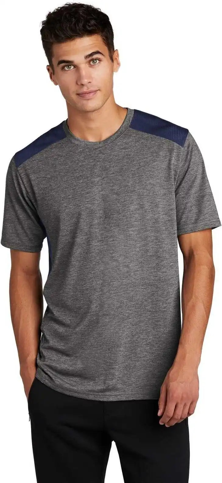 Sport Tek St410 Posicharge Tri Blend Wicking Draft Tee True Navy Dark Gray Heather