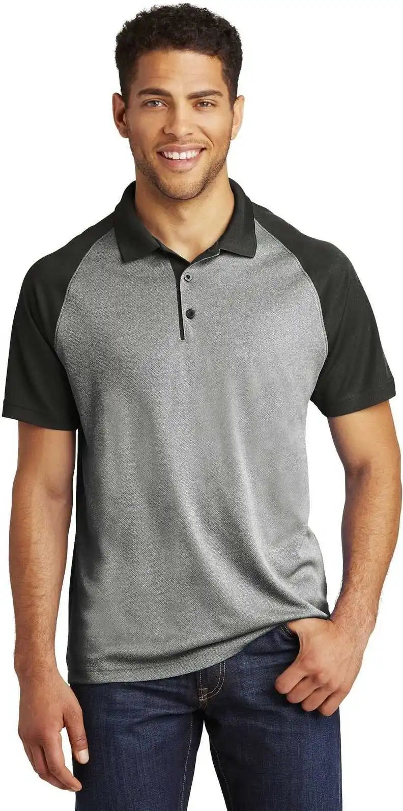 Sport Tek St641 Posicharge Racermesh Raglan Heather Block Polo Gray Black