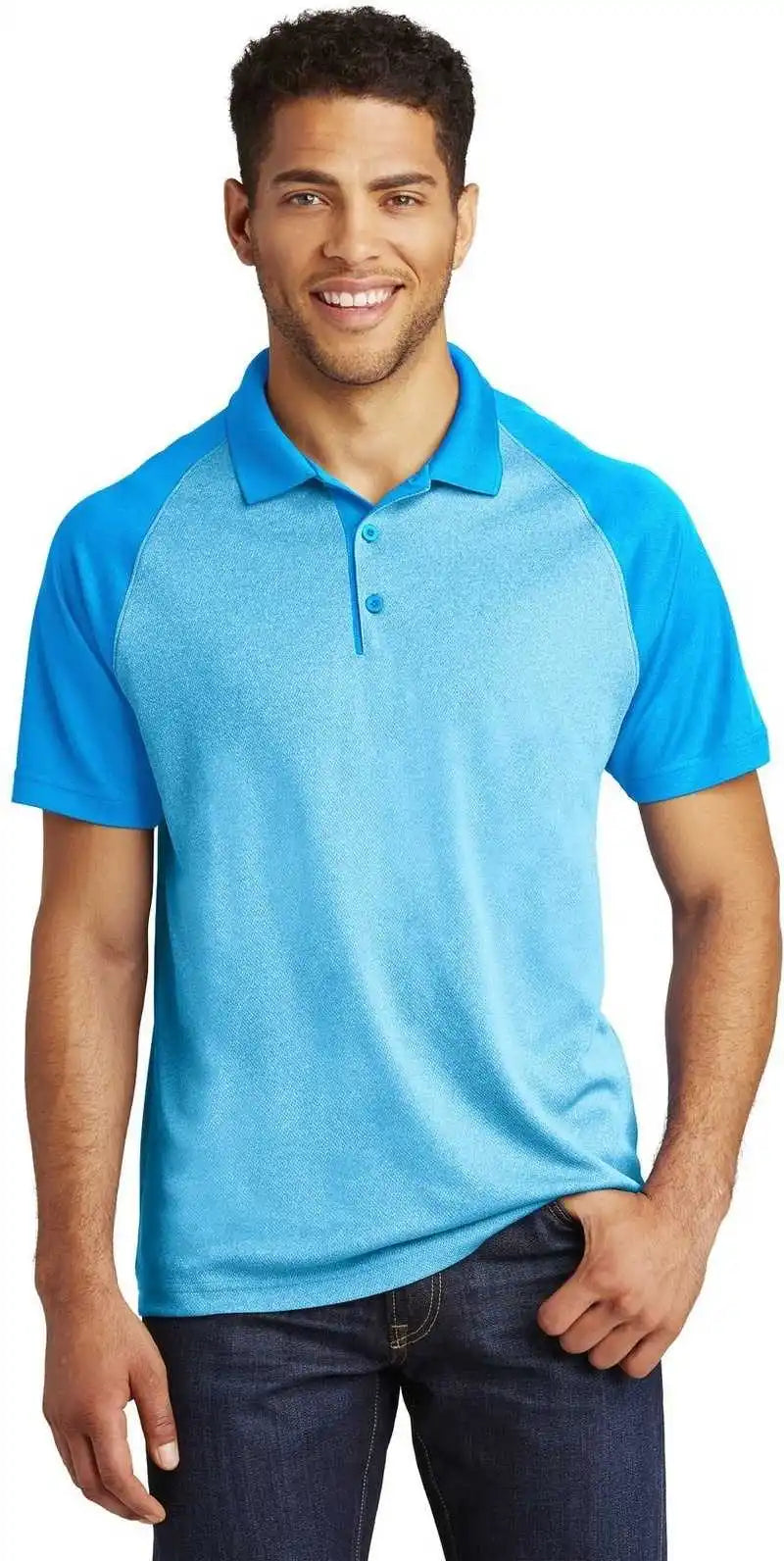 Sport-tek St641 Posicharge Racermesh Raglan Heather Block Polo - Pond Blue