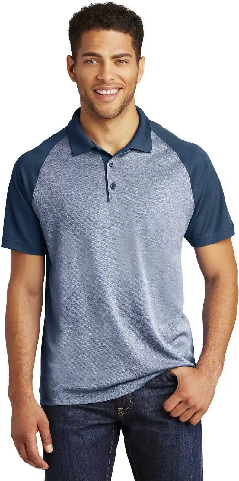 Sport Tek St641 Posicharge Racermesh Raglan Heather Block Polo True Navy