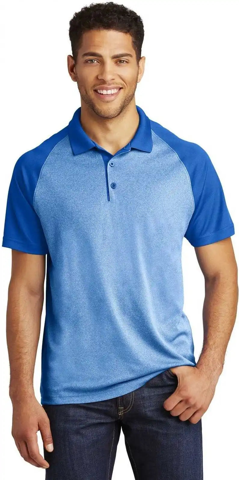 Sport Tek St641 Posicharge Racermesh Raglan Heather Block Polo True Royal
