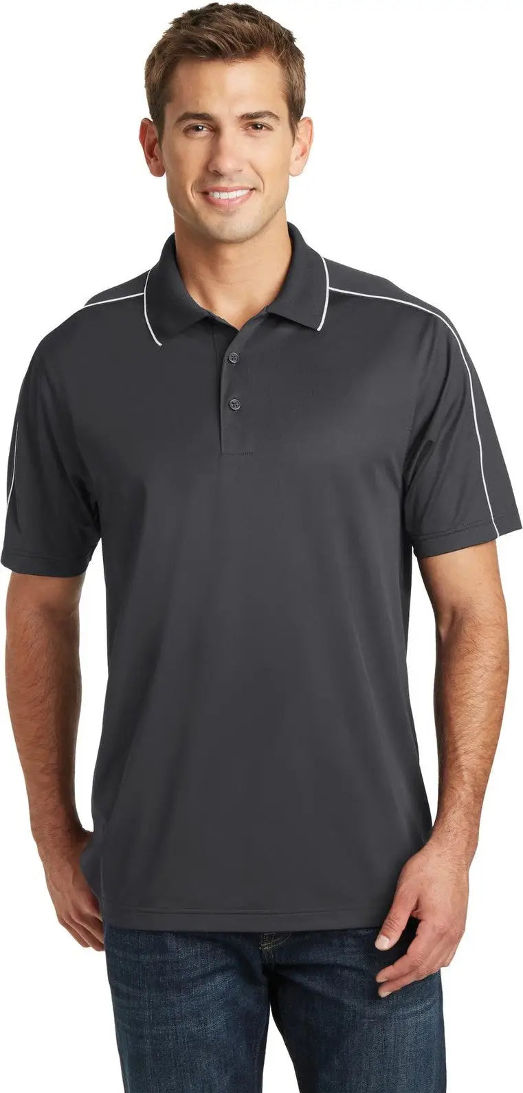 Sport-tek St653 Micropique Sport-wick Piped Polo - Iron Gray White - Gray/ / Adult Xs