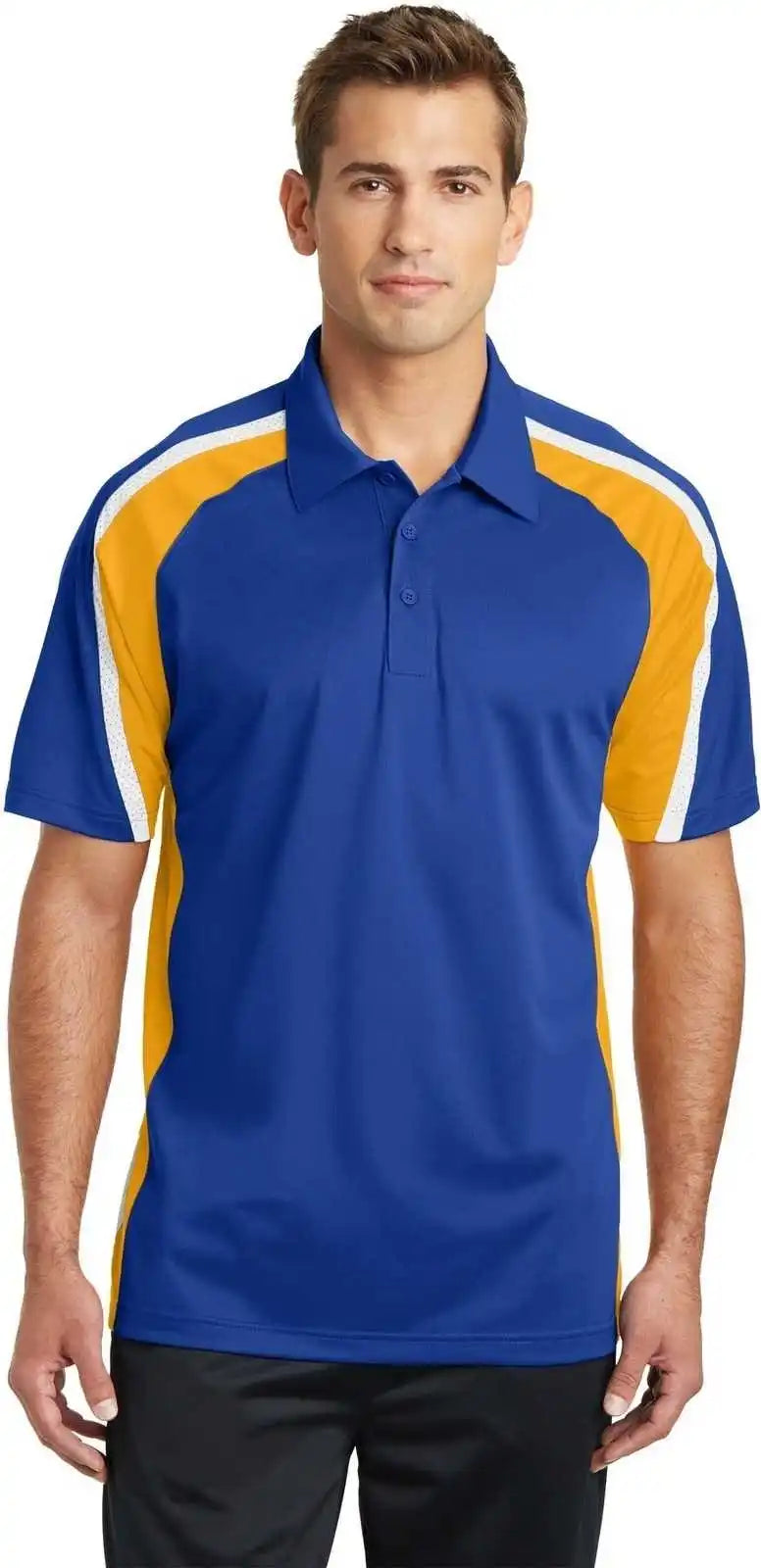 Sport Tek St654 Tricolor Micropique Wick Polo True Royal Gold White