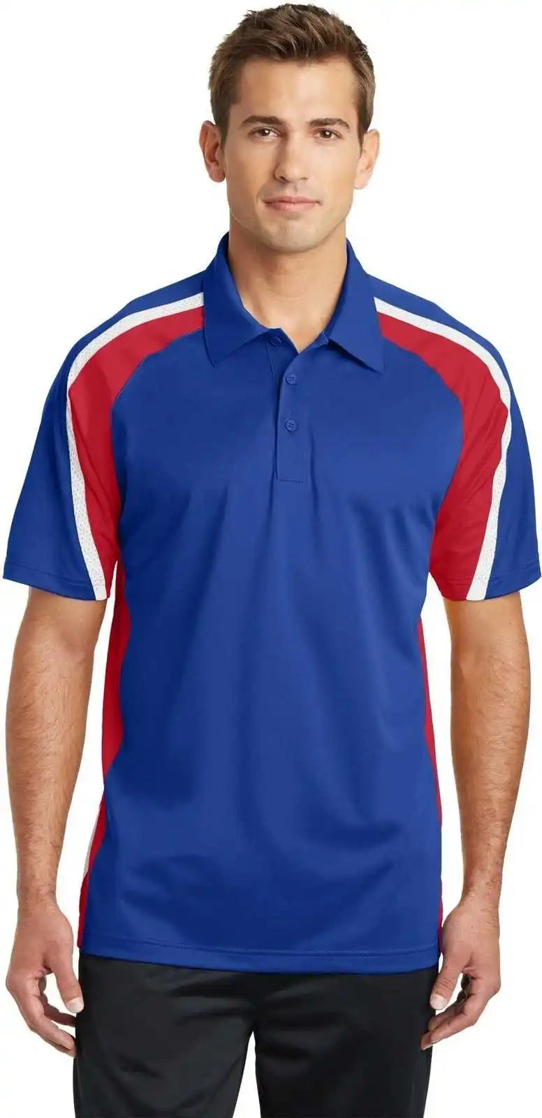 Sport Tek St654 Tricolor Micropique Wick Polo True Royal Red White