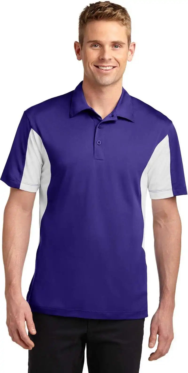 Sport Tek St655 Side Blocked Micropique Wick Polo Purple White