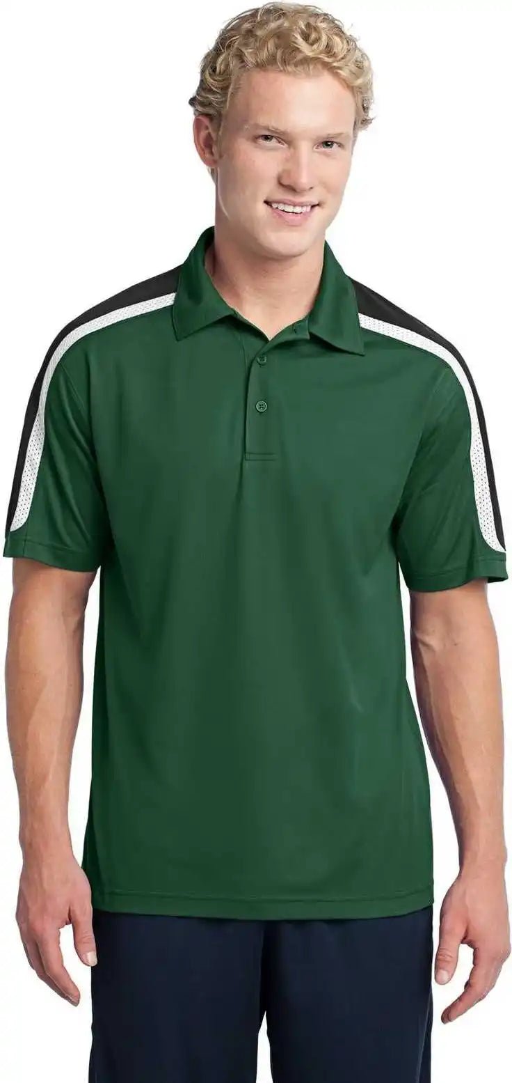 Sport Tek St658 Tricolor Shoulder Micropique Wick Polo Forest Green Black White