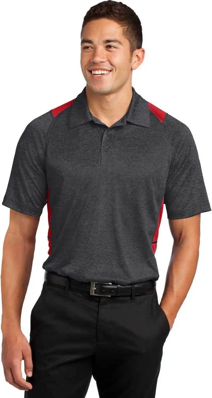 Sport-tek St665 Heather Colorblock Contender Polo - Graphite True Red
