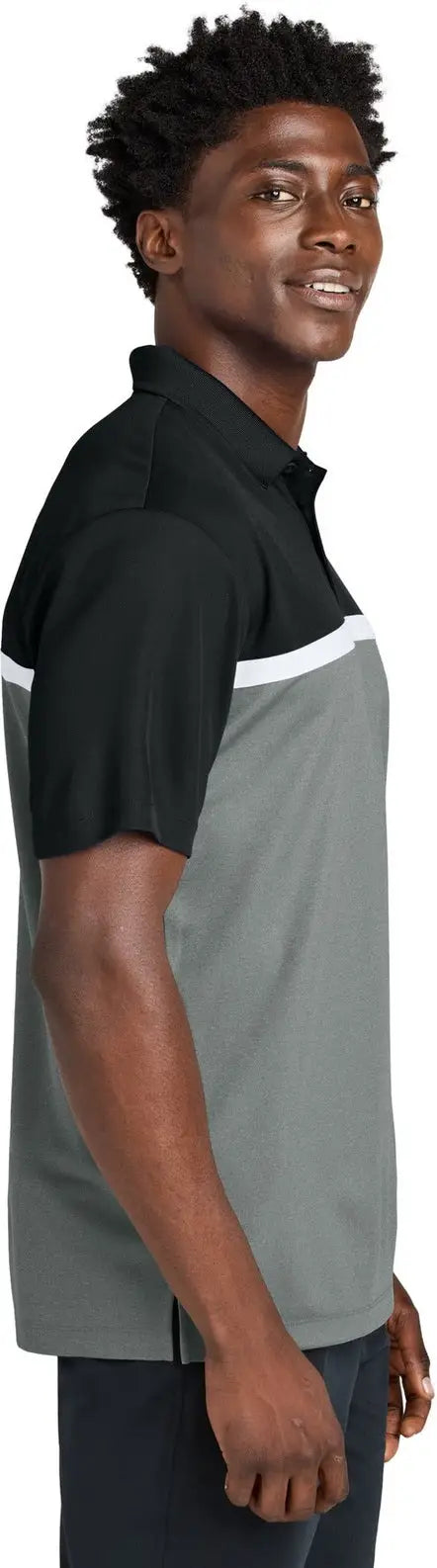 Sport-tek St741 Uv Micropique Colorblock Polo - Black Gray Concrete Heather White