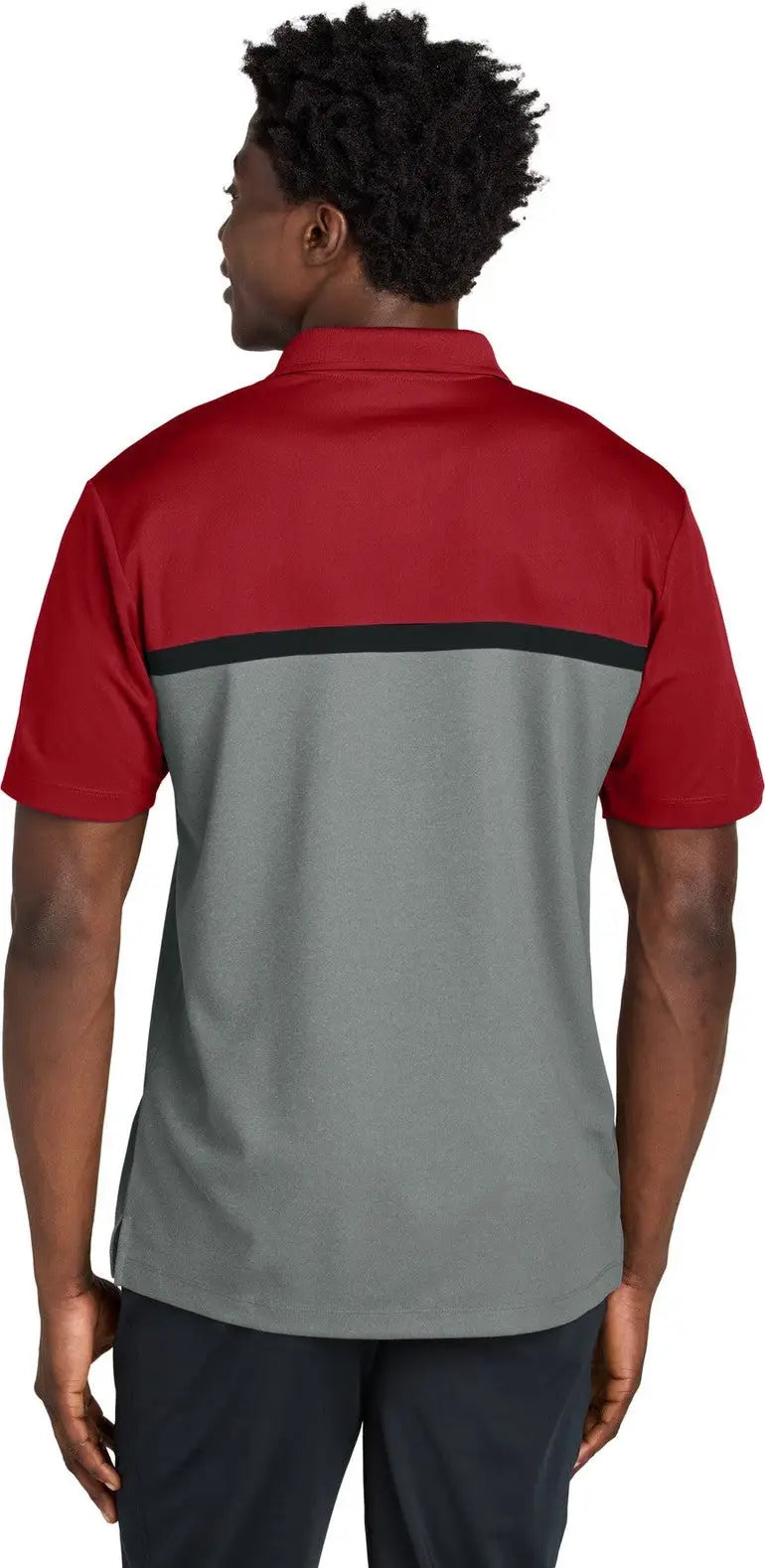 Sport-tek St741 Uv Micropique Colorblock Polo - Deep Red Gray Concrete Heather Black
