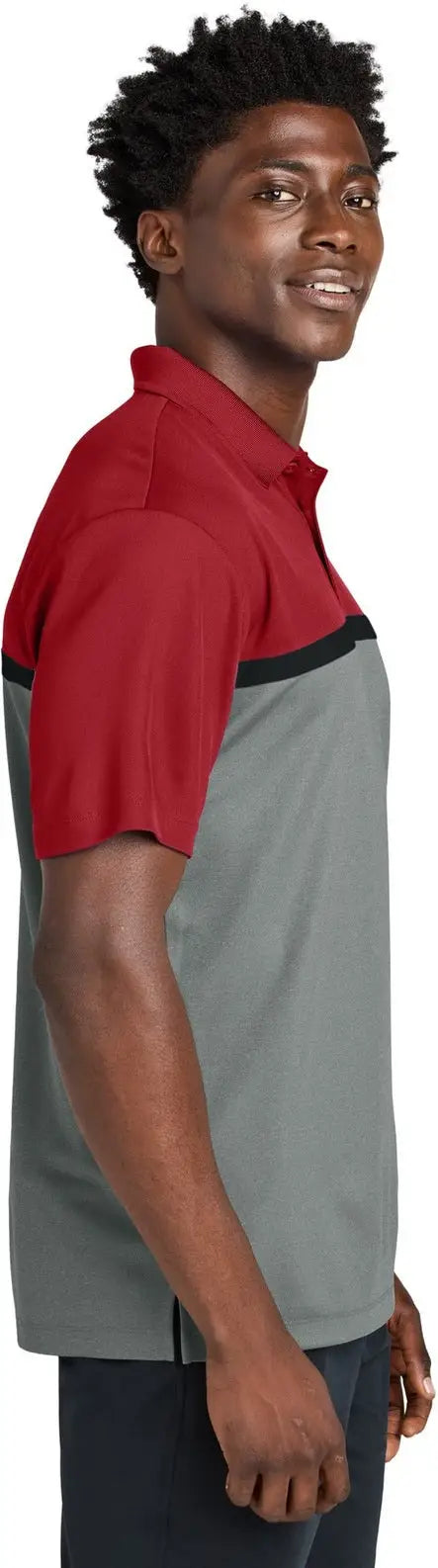 Sport-tek St741 Uv Micropique Colorblock Polo - Deep Red Gray Concrete Heather Black