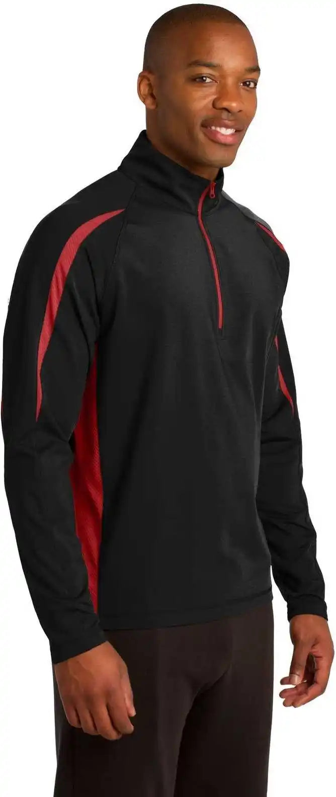 Sport-tek St851 Sport-wick Stretch 1/2-zip Colorblock Pullover - Black True Red