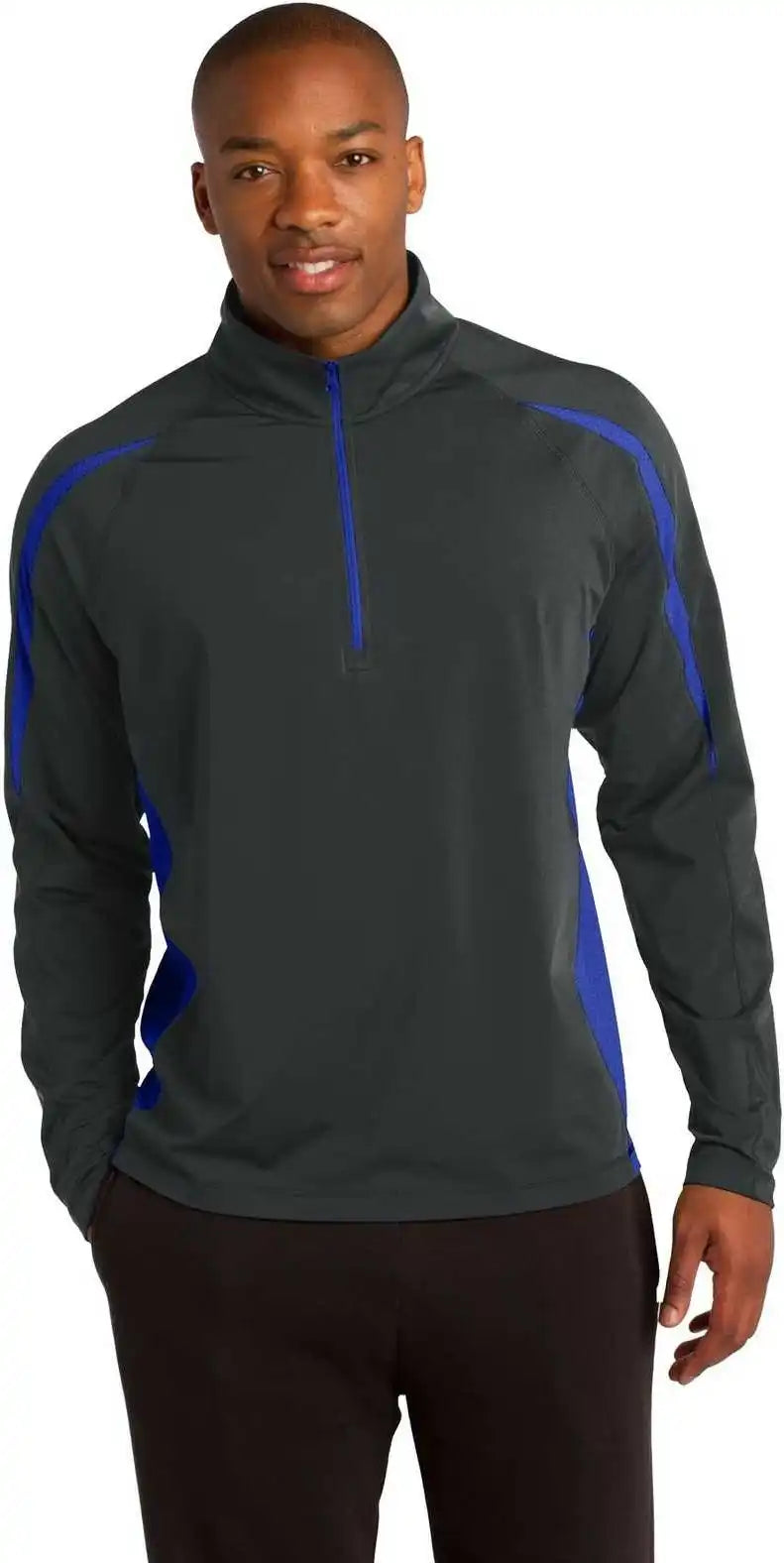 Sport-tek St851 Sport-wick Stretch 1/2-zip Colorblock Pullover - Charcoal Gray True Royal