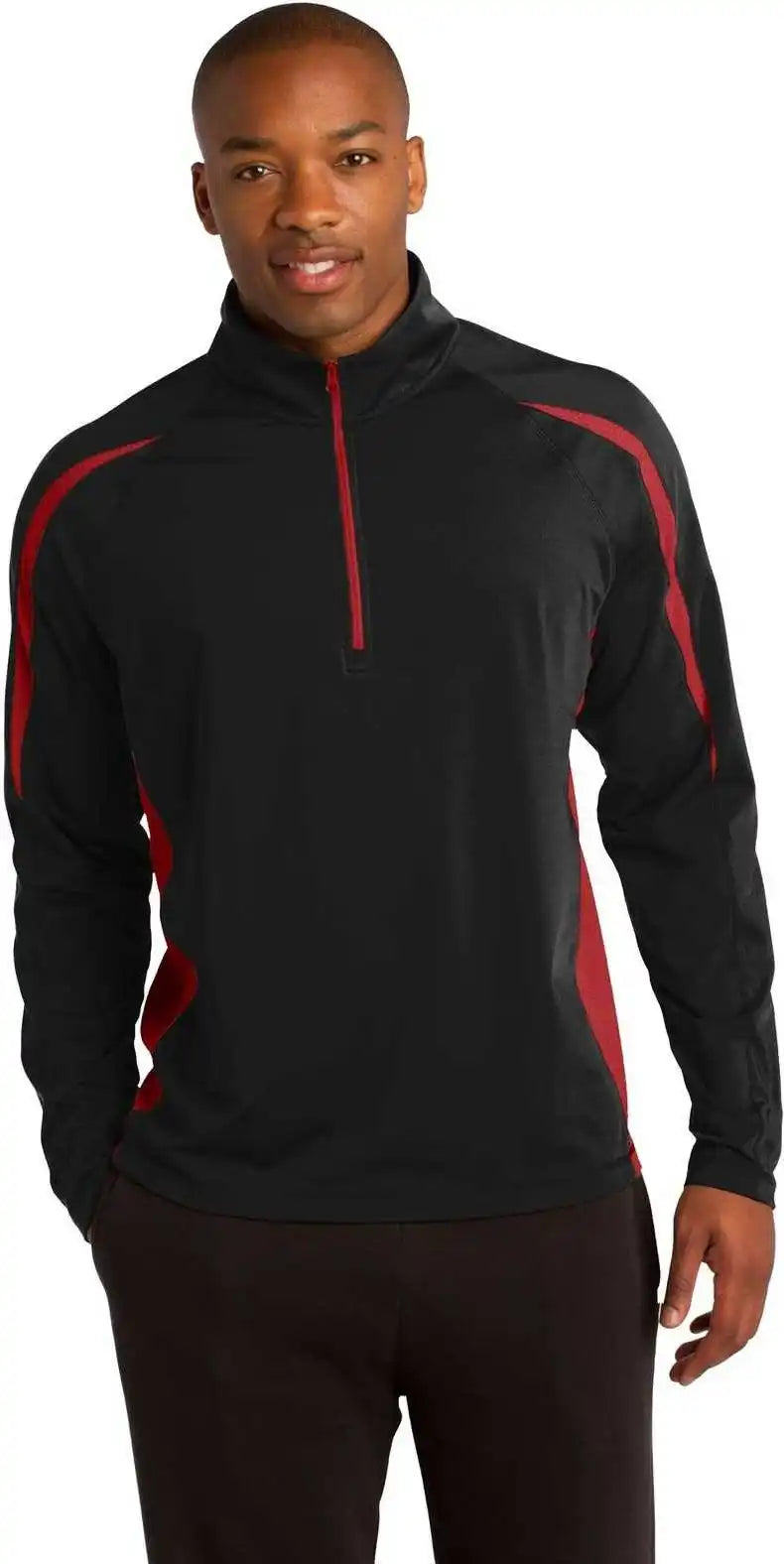 Sport-tek St851 Sport-wick Stretch 1/2-zip Colorblock Pullover - Black True Red