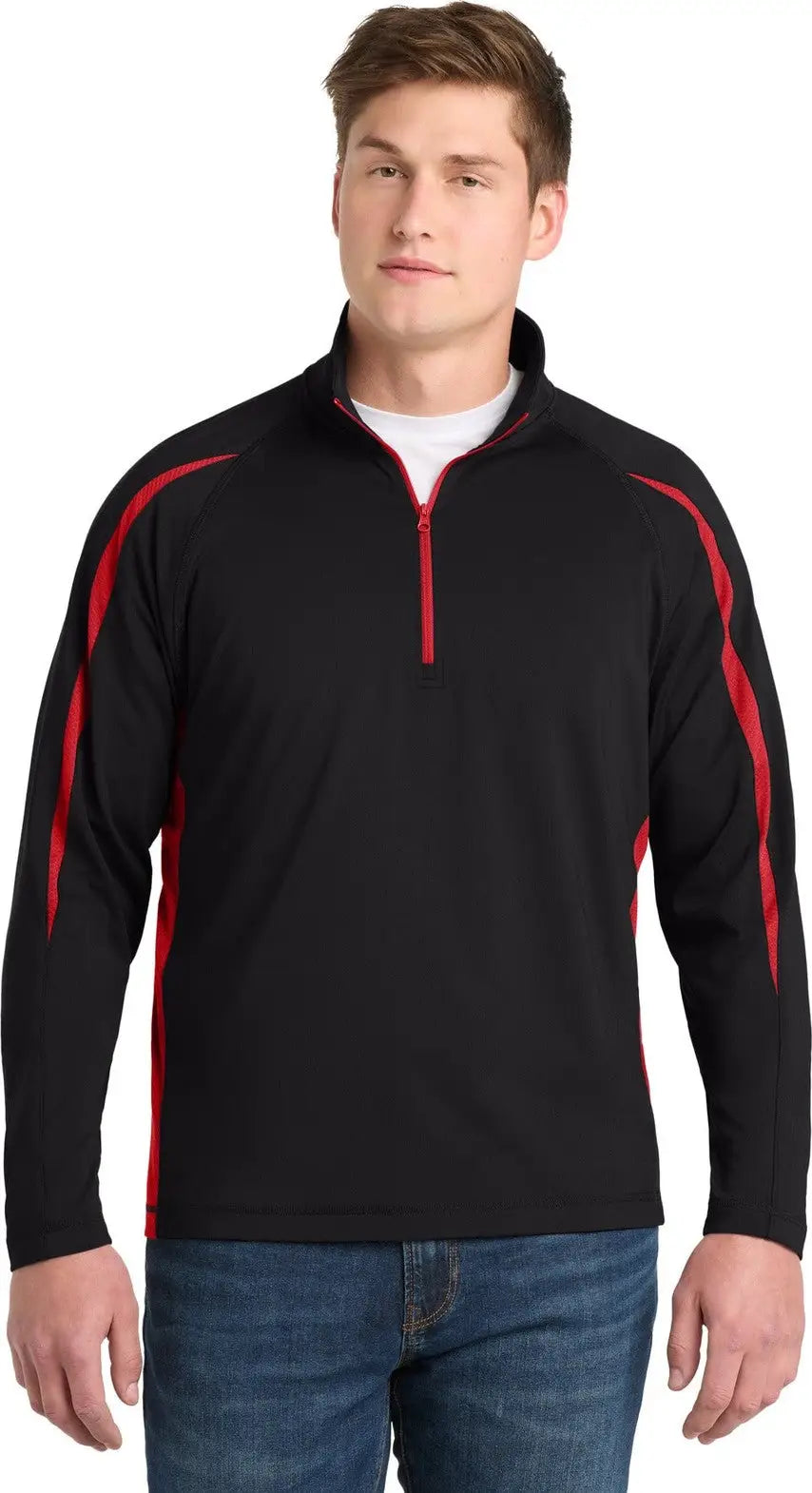 Sport-tek St851 Sport-wick Stretch 1/4-zip Colorblock Pullover - Black True Red - Black/ / Adult Xs
