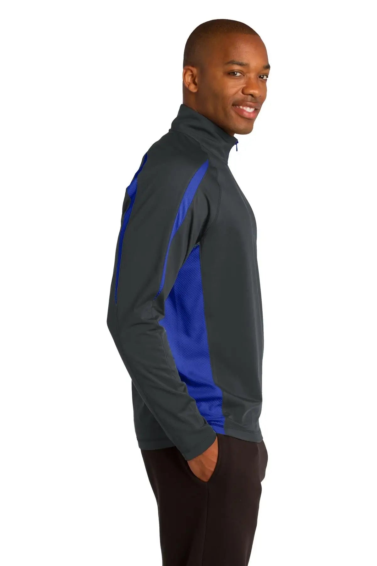 Sport-tek St851 Sport-wick Stretch 1/4-zip Colorblock Pullover - Charcoal Gray True Royal