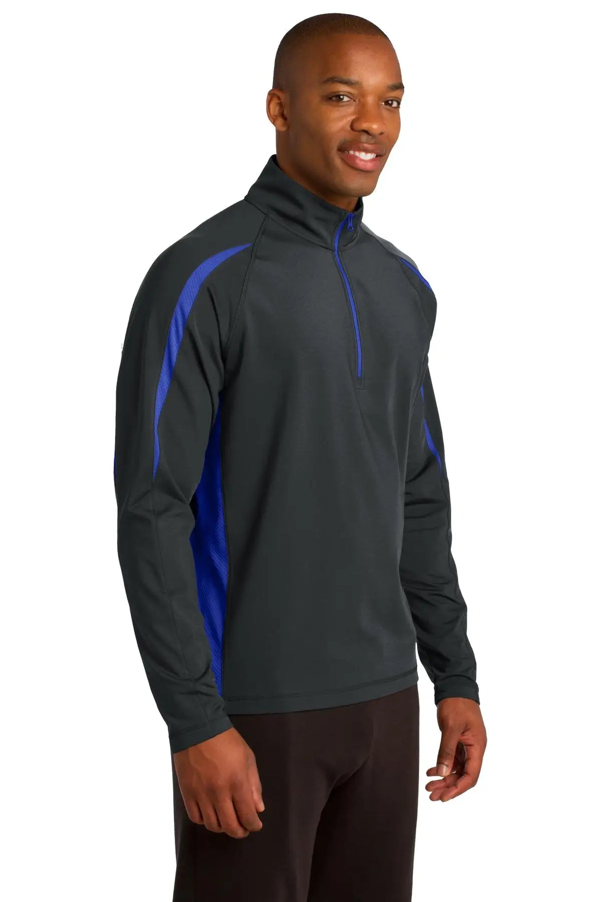 Sport-tek St851 Sport-wick Stretch 1/4-zip Colorblock Pullover - Charcoal Gray True Royal