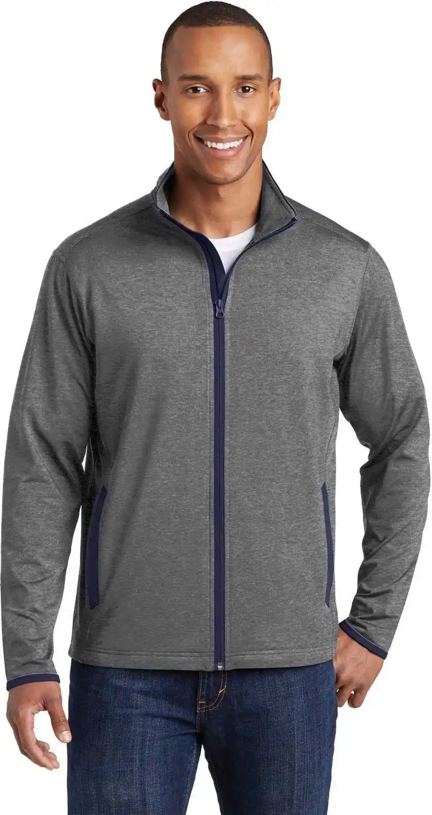 Sport Tek St853 Wick Stretch Contrast Full Zip Jacket Charcoal Gray Heather True Navy
