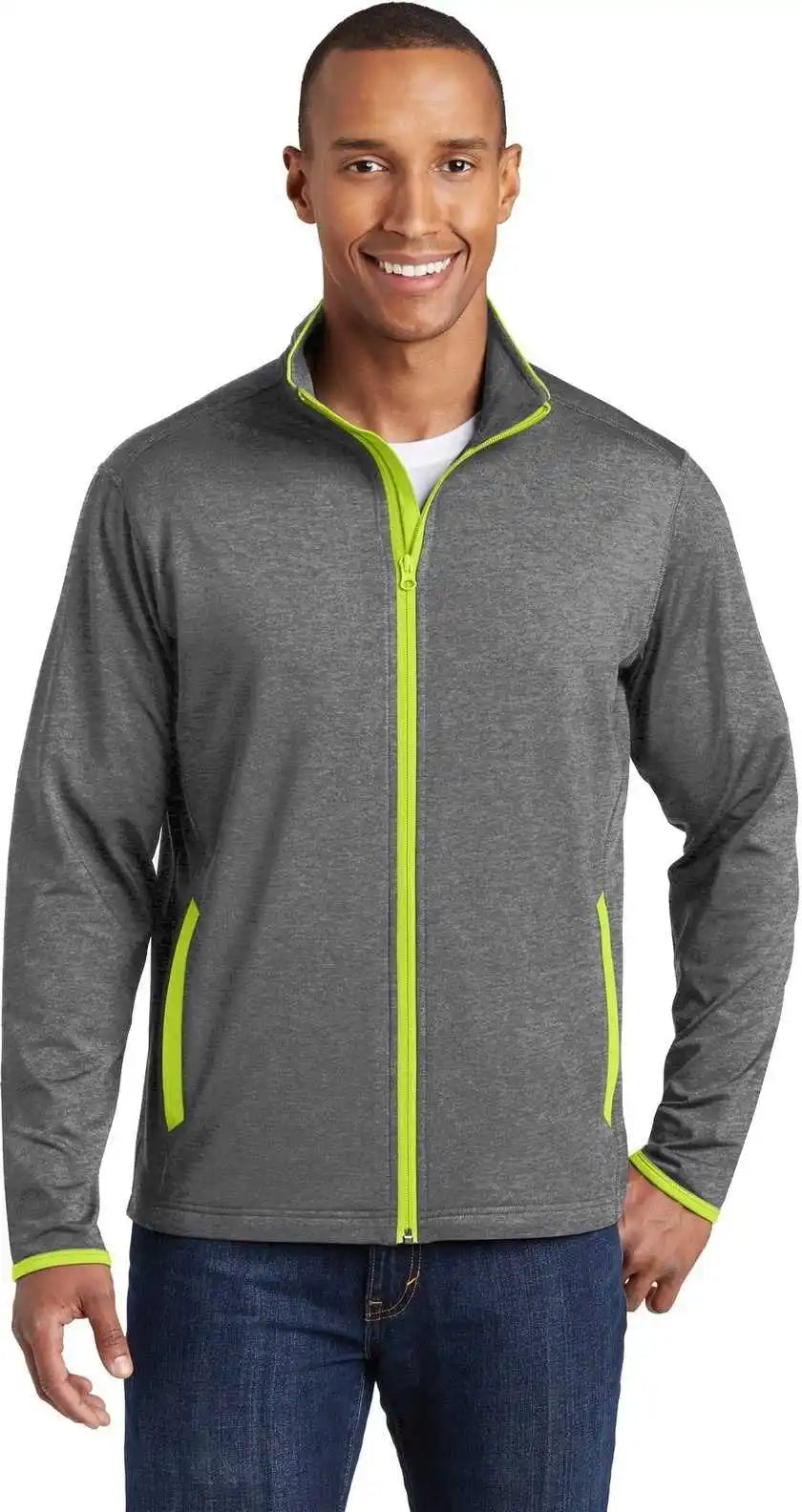 Sport Tek St853 Wick Stretch Contrast Full Zip Jacket Charcoal Gray Heather Charge Green