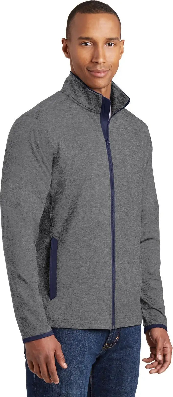 Sport-tek St853 Sport-wick Stretch Contrast Full-zip Jacket - Charcoal Gray Heather True Navy