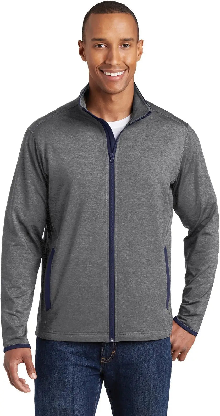 Sport-tek St853 Sport-wick Stretch Contrast Full-zip Jacket - Charcoal Gray Heather True Navy - Heather/ / Adult Xs