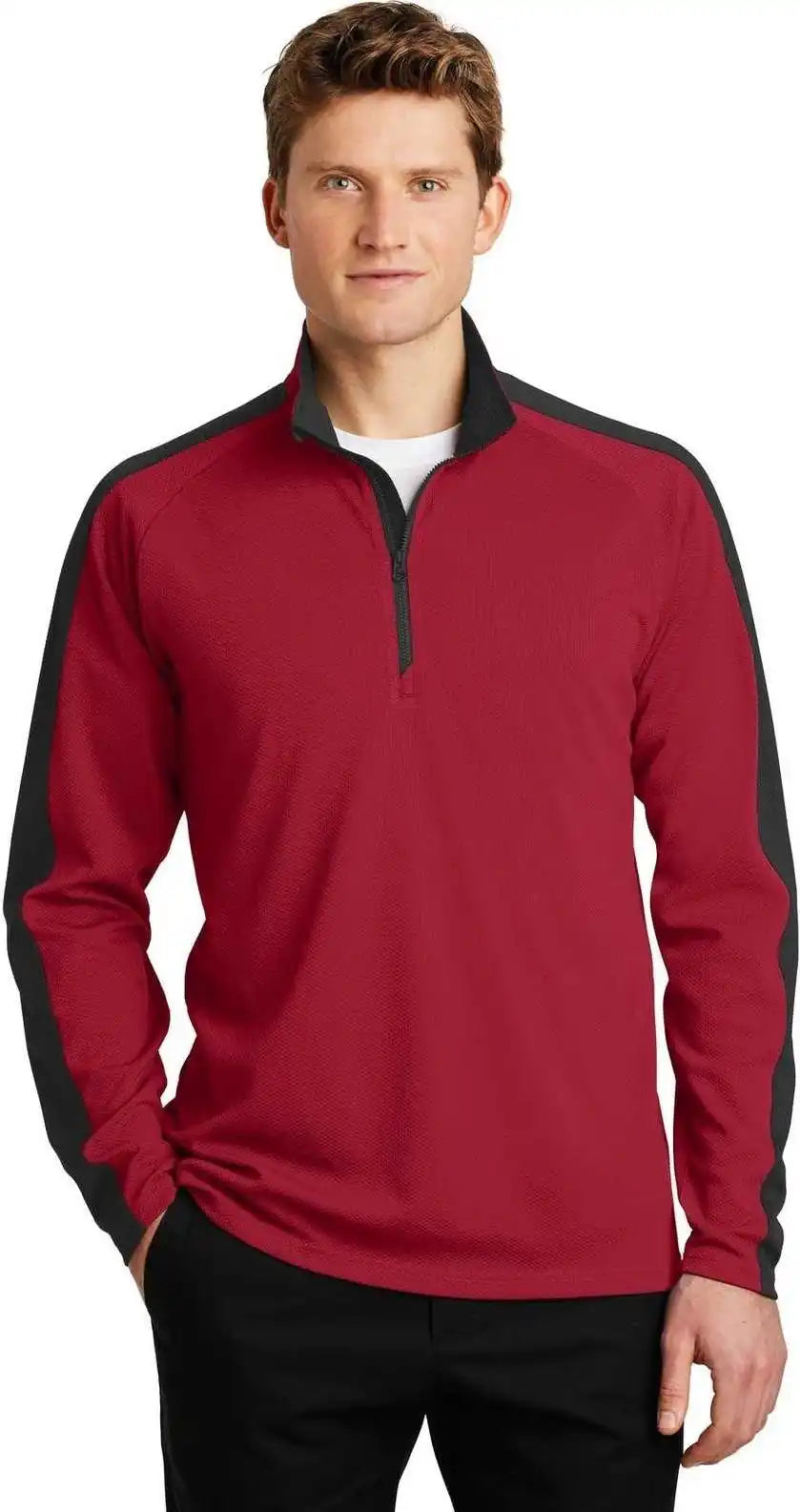 Sport-tek St861 Sport-wick Textured Colorblock 1/4-zip Pullover - Deep Red Black