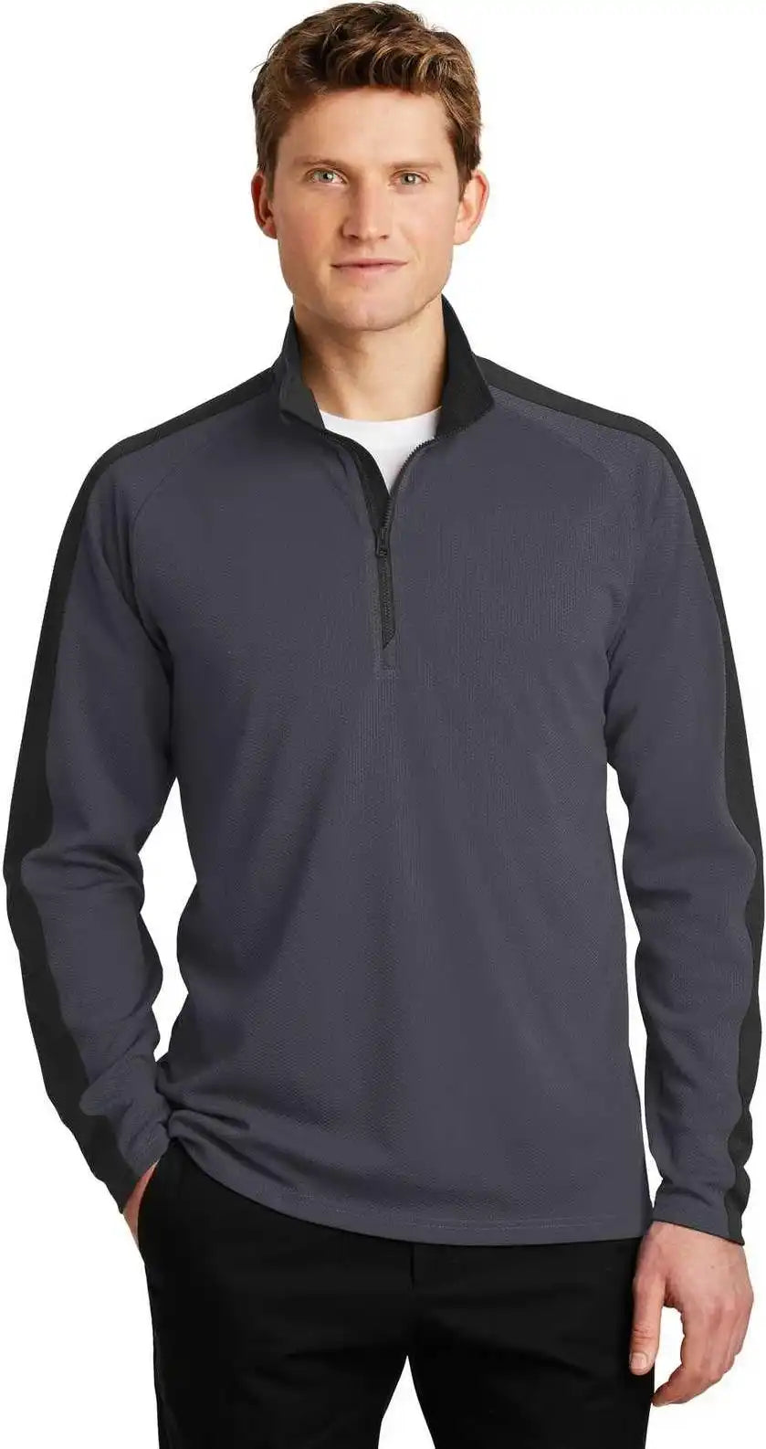 Sport-tek St861 Sport-wick Textured Colorblock 1/4-zip Pullover - Iron Gray Black