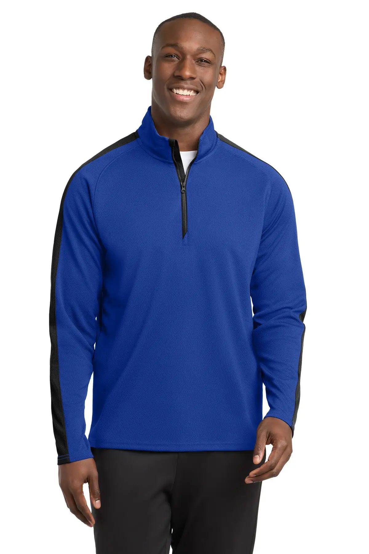 Sport-tek St861 Sport-wick Textured Colorblock 1/4-zip Pullover - True Royal Black - Royal/ / Adult Xs