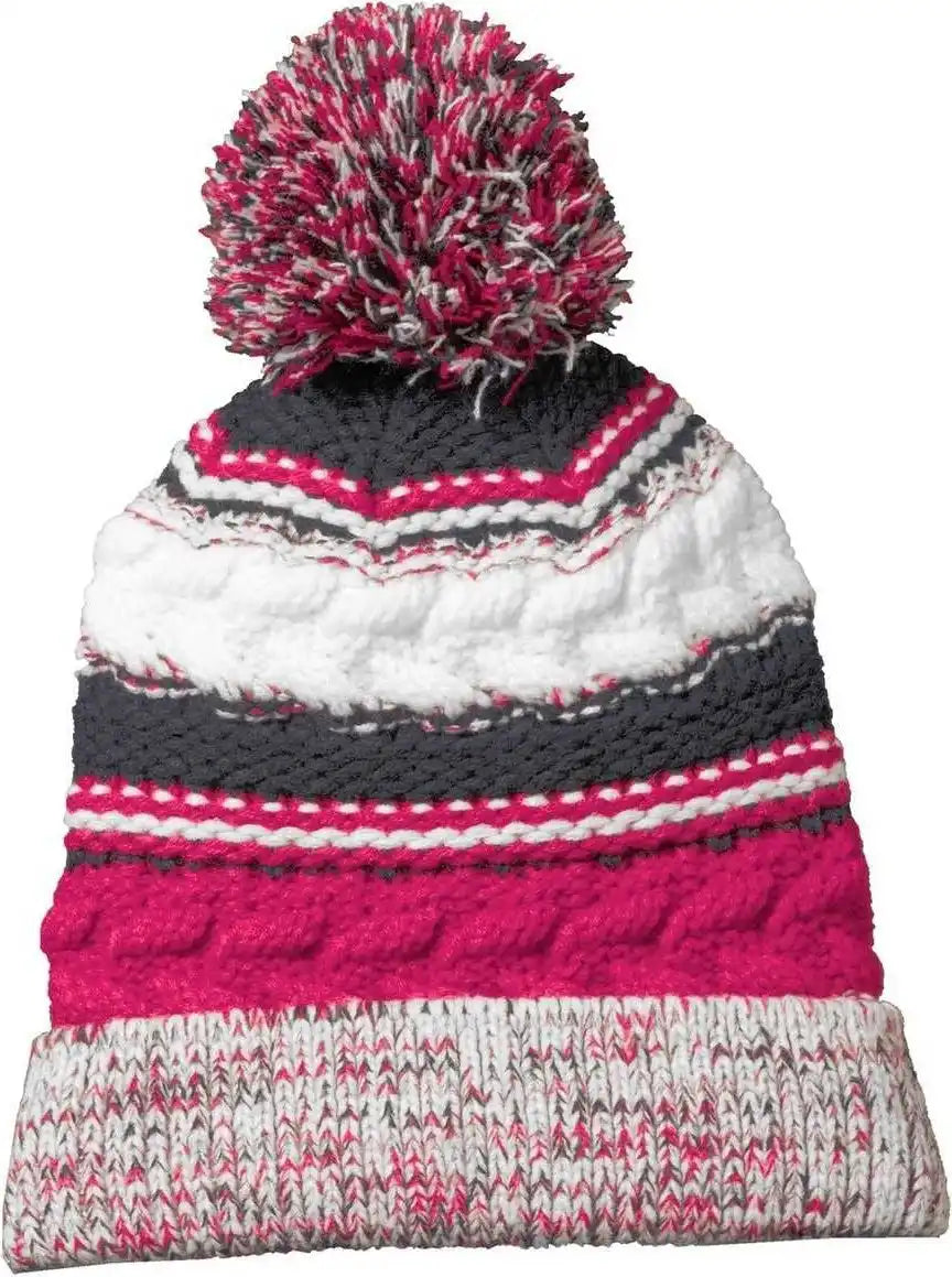 Sport-tek Stc21 Pom Team Beanie - Pink Raspberry Iron Gray White - Hot Dark / one Size Fits Most