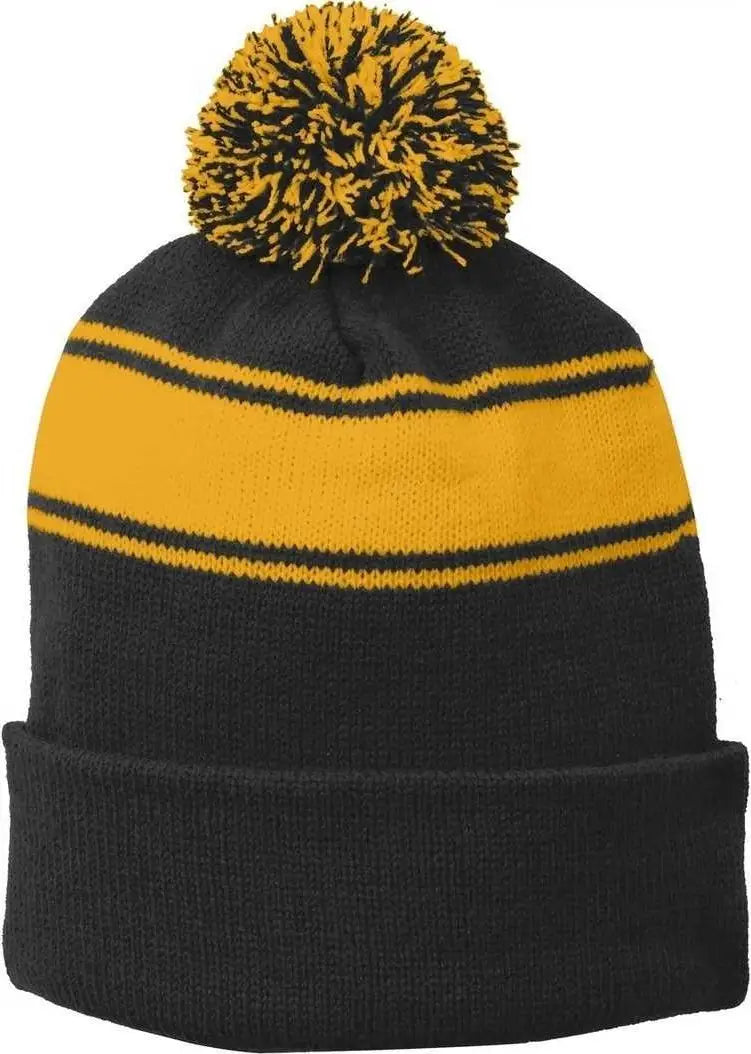 Sport-tek Stc28 Stripe Pom Beanie - Black Gold - one Size Fits Most