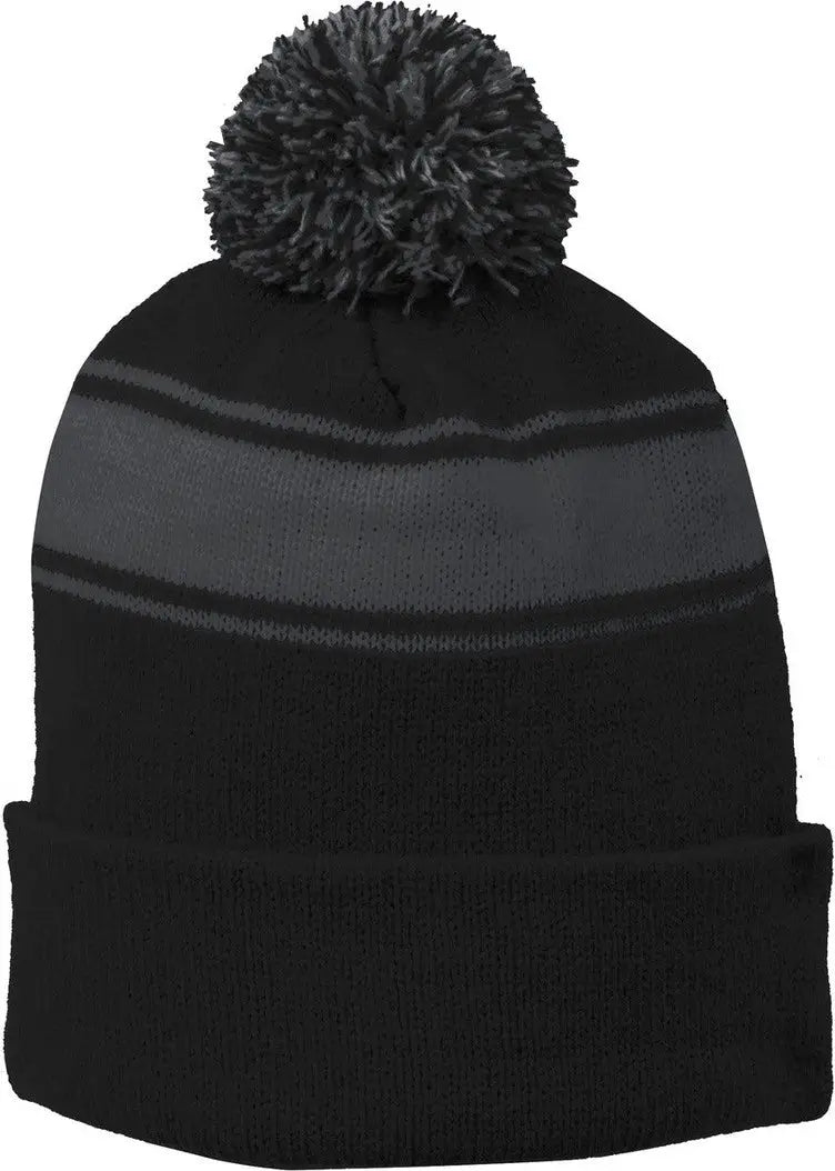 Sport-tek Stc28 Stripe Pom Beanie - Black Iron Gray - Black/ / one Size Fits Most