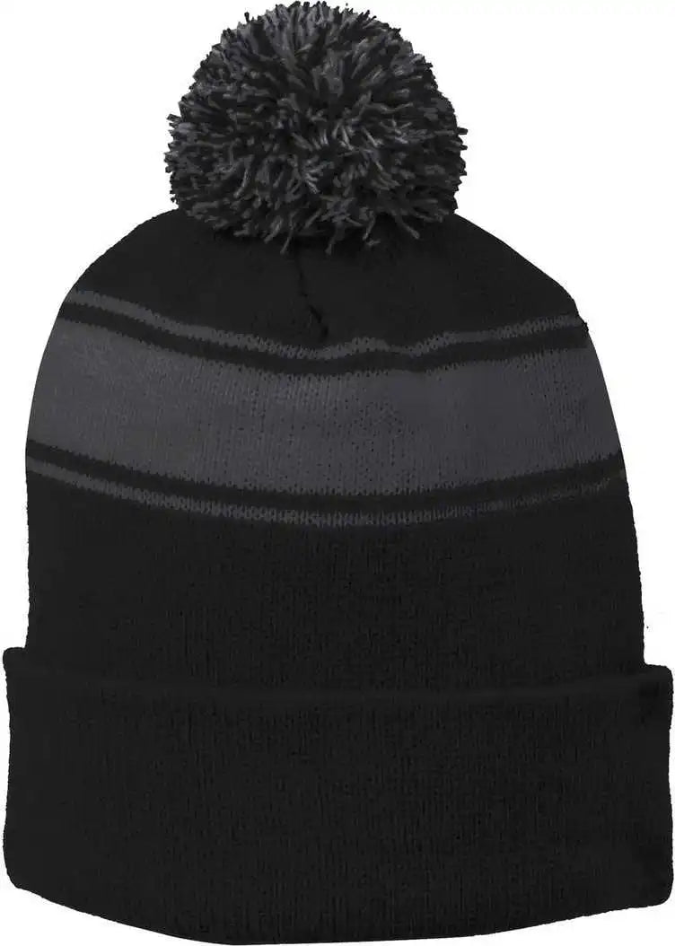 Sport-tek Stc28 Stripe Pom Beanie - Black Iron Gray - Dark / one Size Fits Most