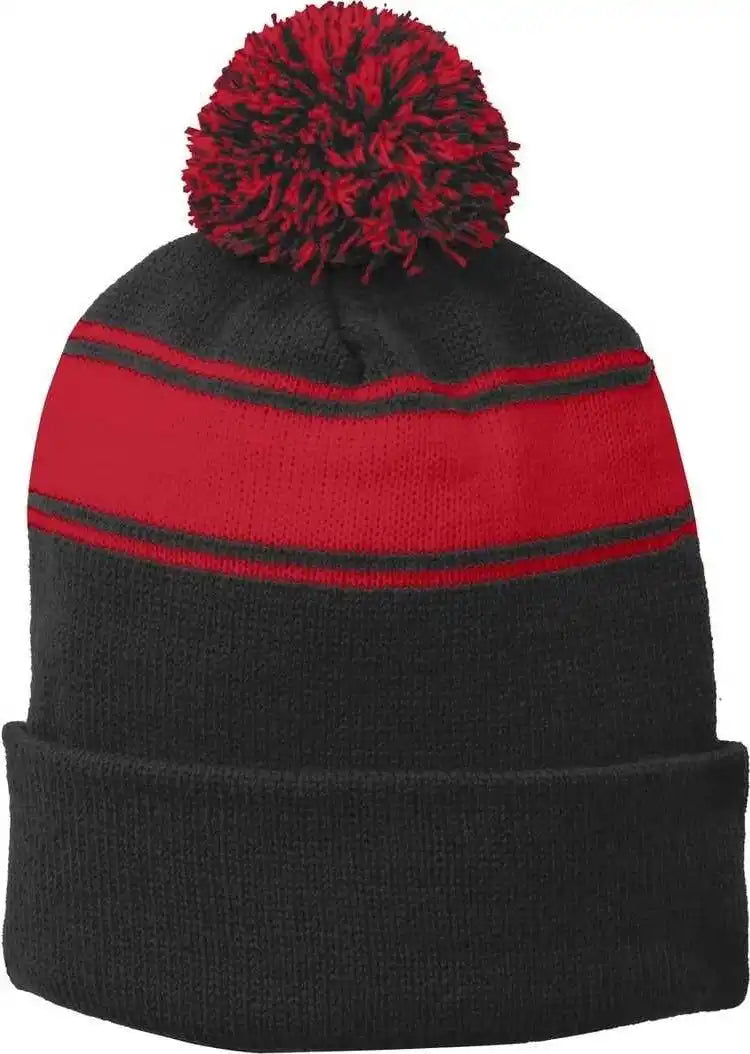 Sport-tek Stc28 Stripe Pom Beanie - Black True Red - one Size Fits Most