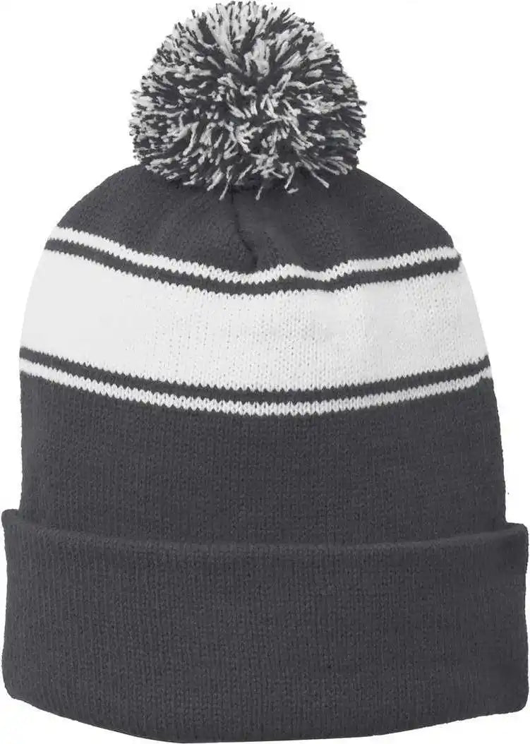 Sport Tek Stc28 Stripe Pom Beanie Iron Gray White Dark / one Size Fits Most